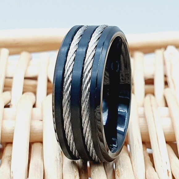 "Rope Inlay Black Titanium Wedding Ring, GALTUN553 - Picture 5 of 6